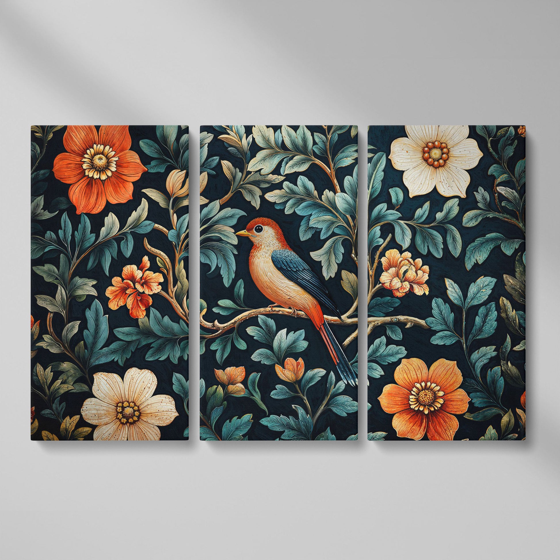 Bird in Floral Paradise Canvas Print as 3-panel split version