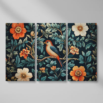 Bird in Floral Paradise Canvas Print as 3-panel split version