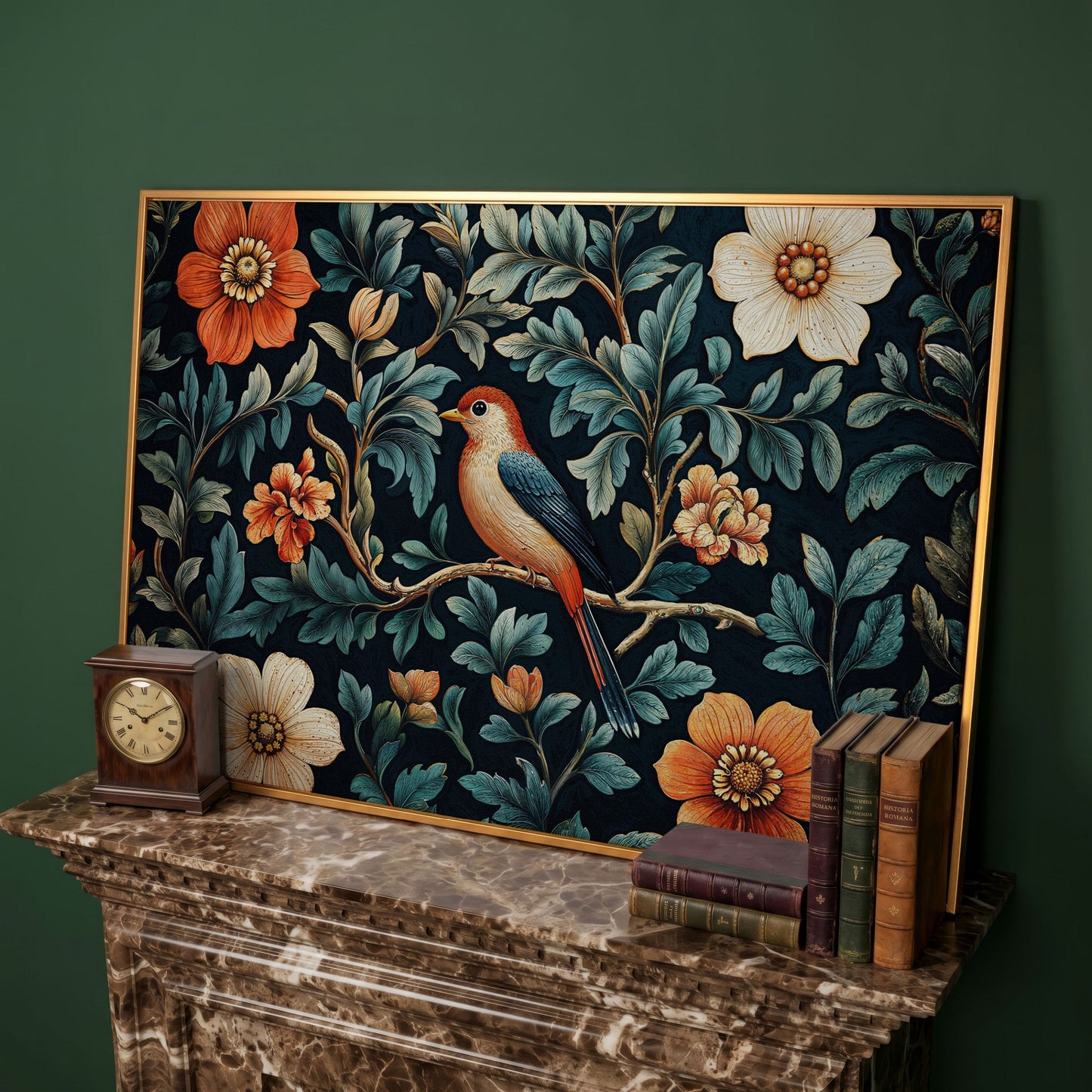 Bird in Floral Paradise Canvas Print in antique gold floating frame