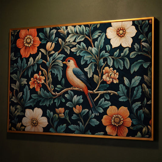Bird in Floral Paradise Canvas Print shown in antique gold floating frame