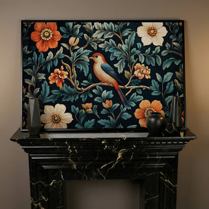 Bird in Floral Paradise Canvas Print in black floating frame