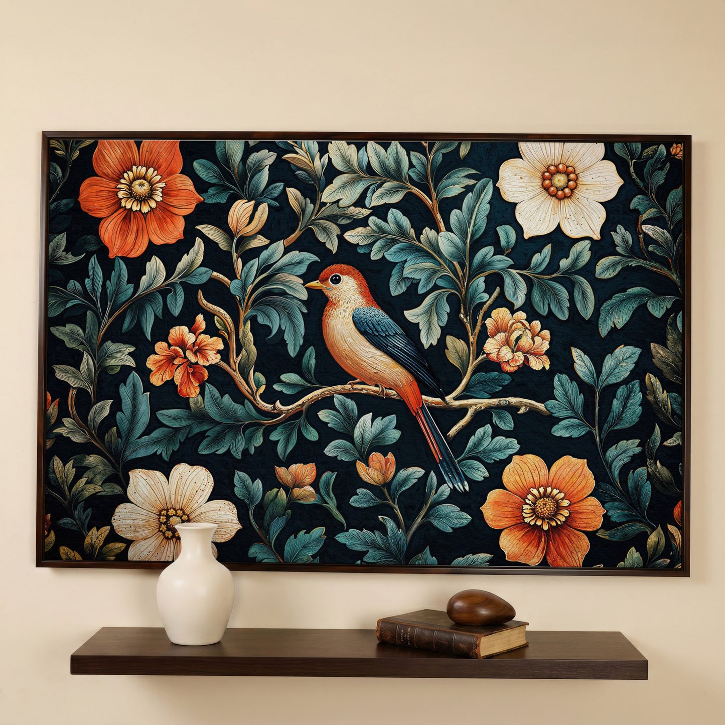Bird in Floral Paradise Canvas Print in dark walnut floating frame