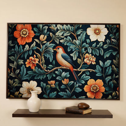 Bird in Floral Paradise Canvas Print in dark walnut floating frame