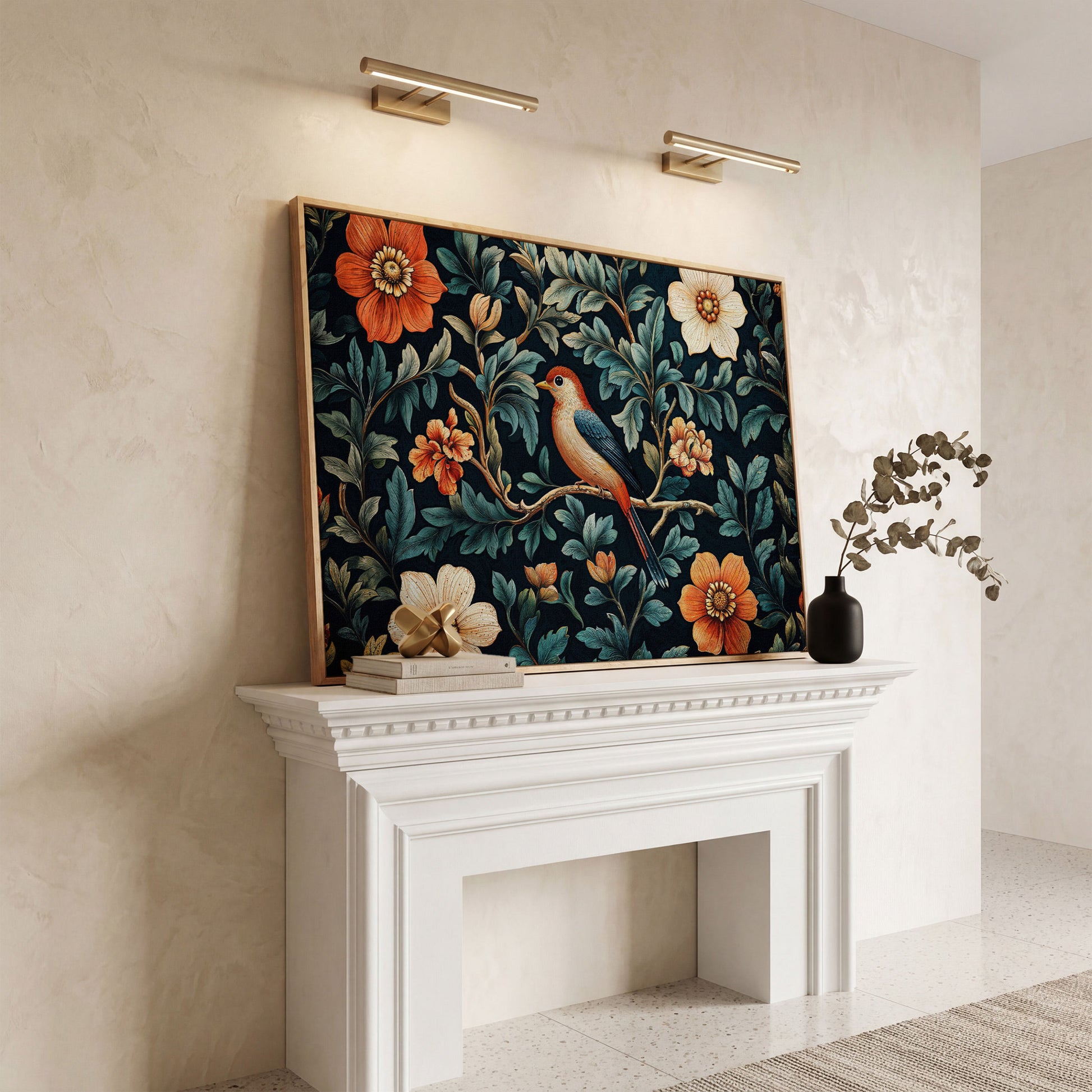 Bird in Floral Paradise Canvas Print in white oak floating frame