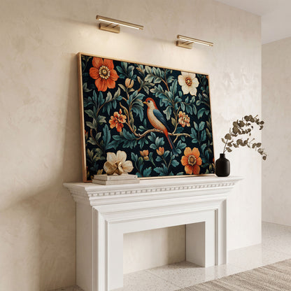 Bird in Floral Paradise Canvas Print in white oak floating frame