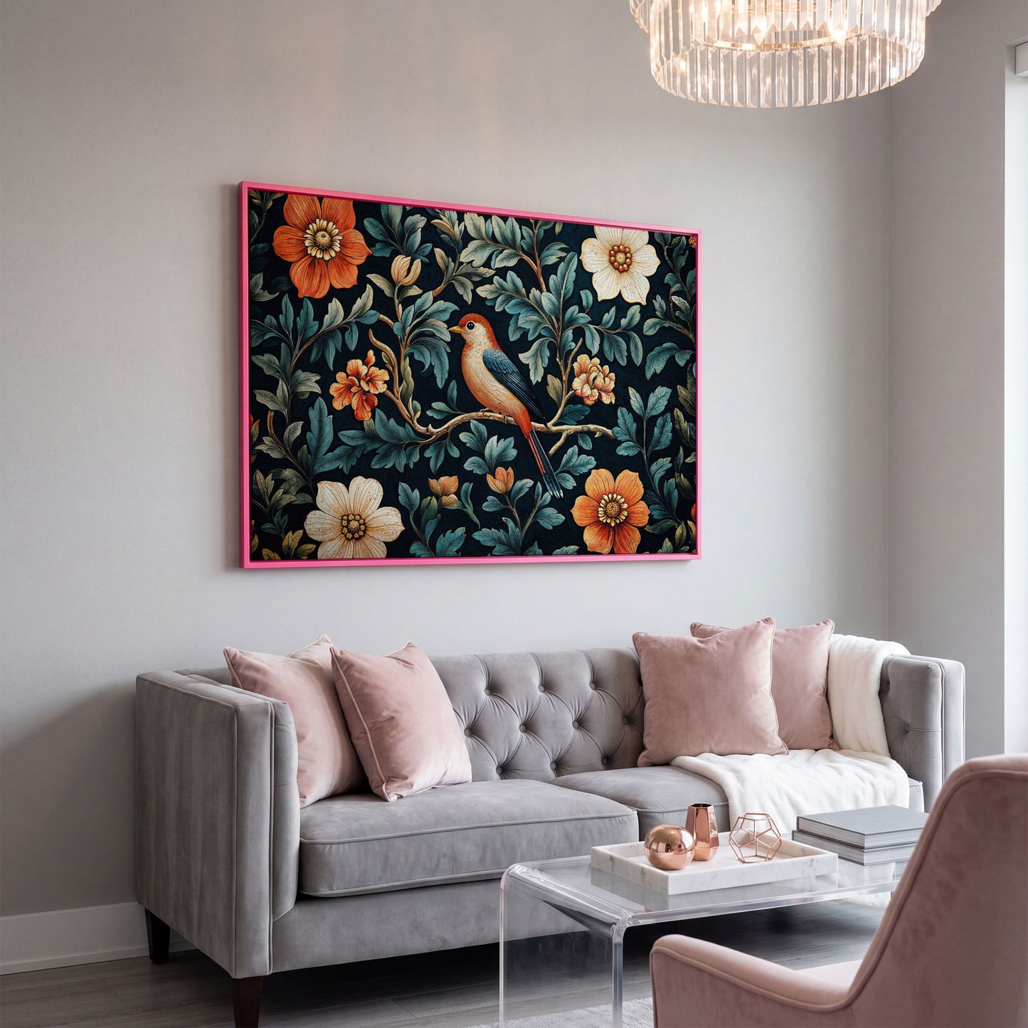 Bird in Floral Paradise Canvas Print in pink floating frame