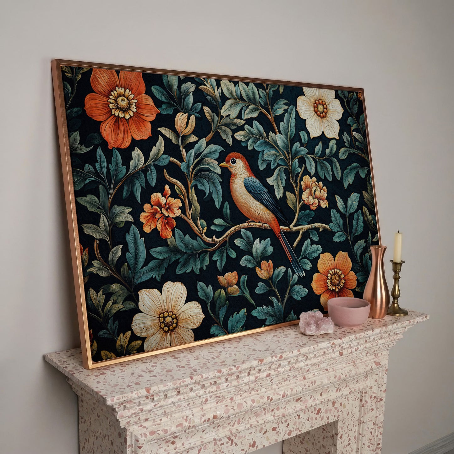 Bird in Floral Paradise Canvas Print in rose gold floating frame