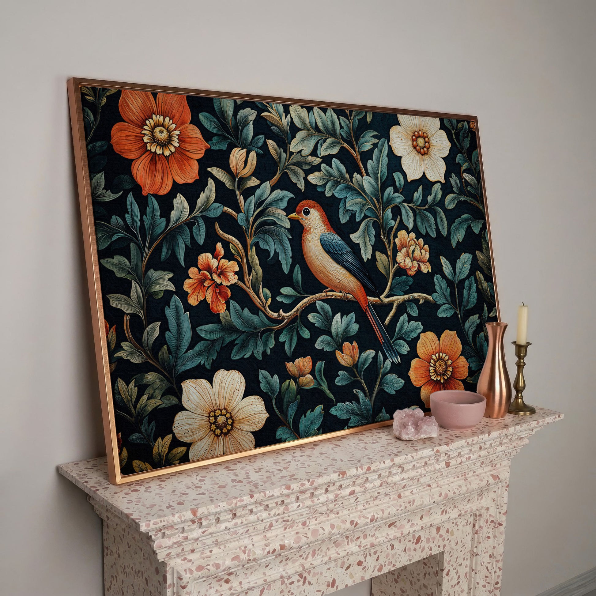 Bird in Floral Paradise Canvas Print in rose gold floating frame