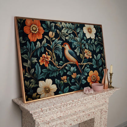 Bird in Floral Paradise Canvas Print in rose gold floating frame