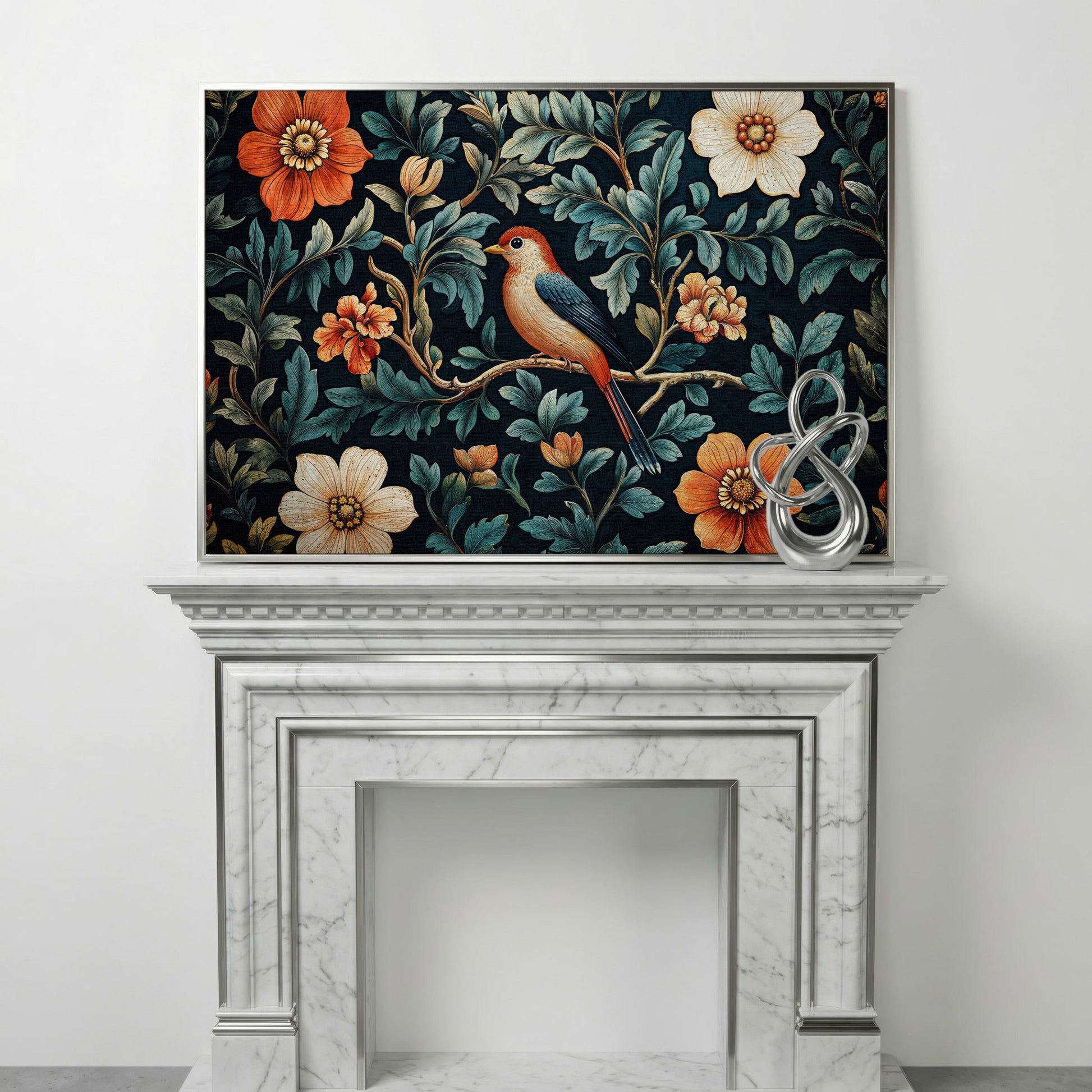Bird in Floral Paradise Canvas Print in silver floating frame