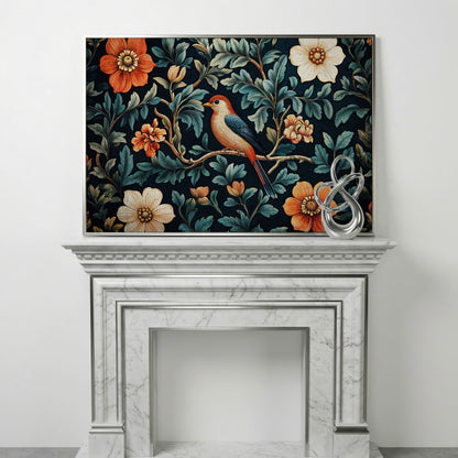 Bird in Floral Paradise Canvas Print in silver floating frame