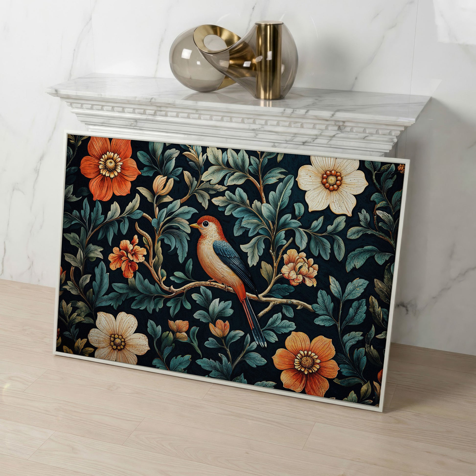 Bird in Floral Paradise Canvas Print in white floating frame