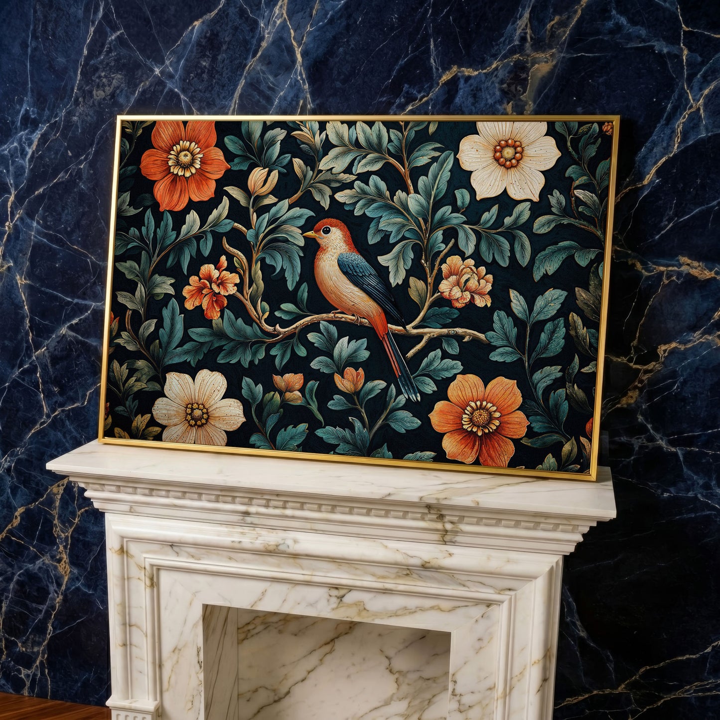 Bird in Floral Paradise Canvas Print in yellow gold floating frame
