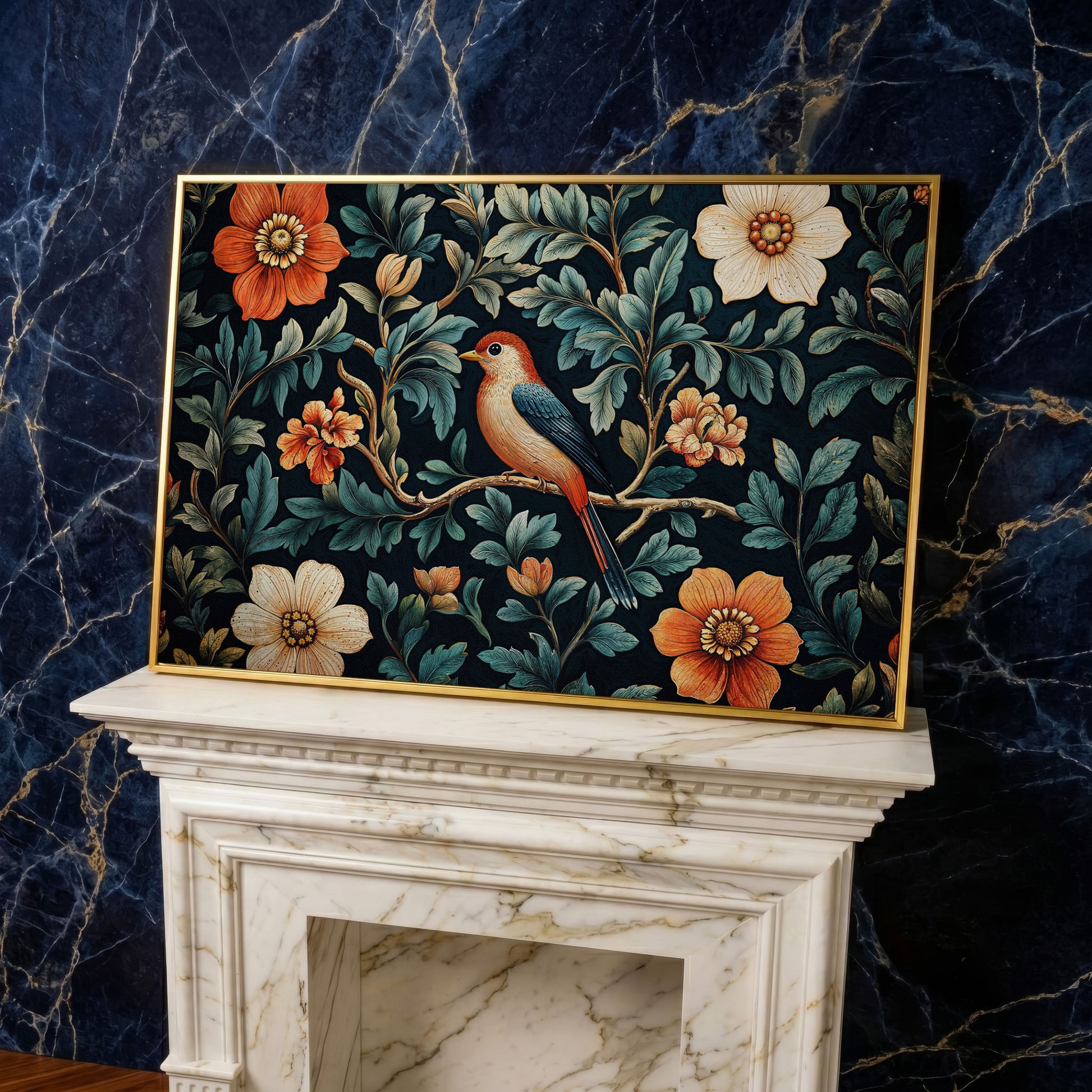 Bird in Floral Paradise Canvas Print in yellow gold floating frame