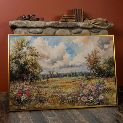 Colorful Summer Meadow Canvas Print in antique gold floating frame