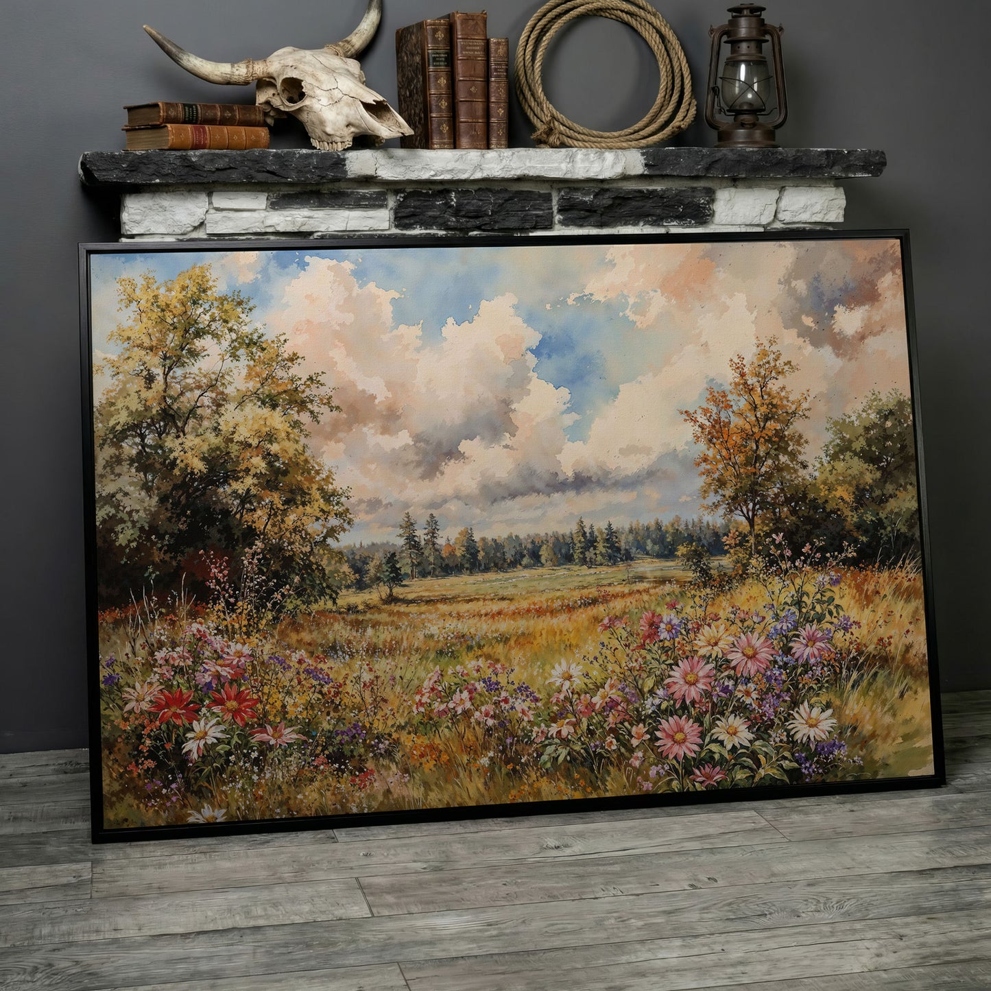 Colorful Summer Meadow Canvas Print in black floating frame