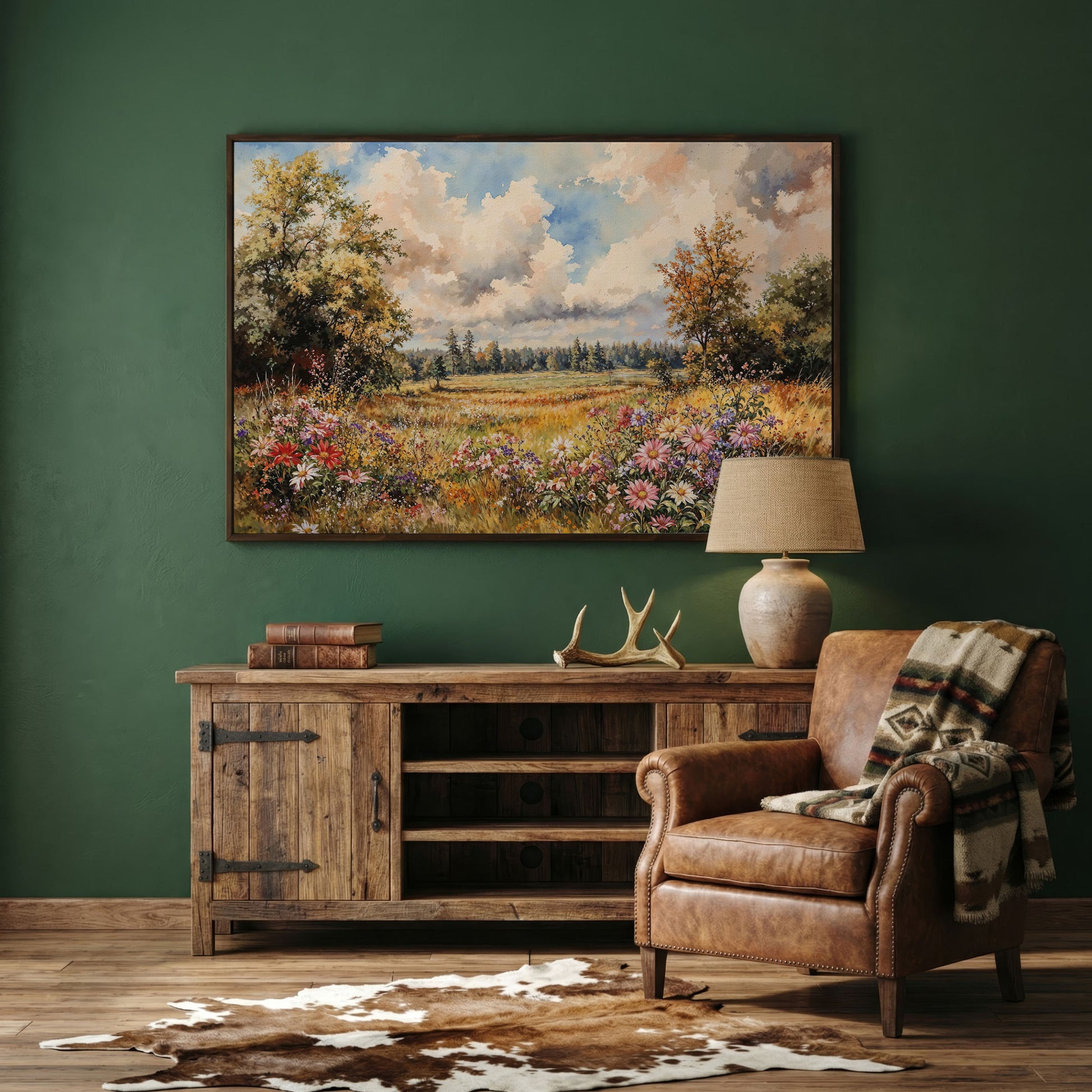 Colorful Summer Meadow Canvas Print in dark walnut floating frame