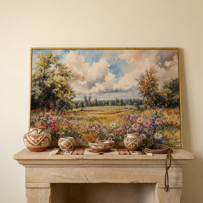 Colorful Summer Meadow Canvas Print in white oak floating frame