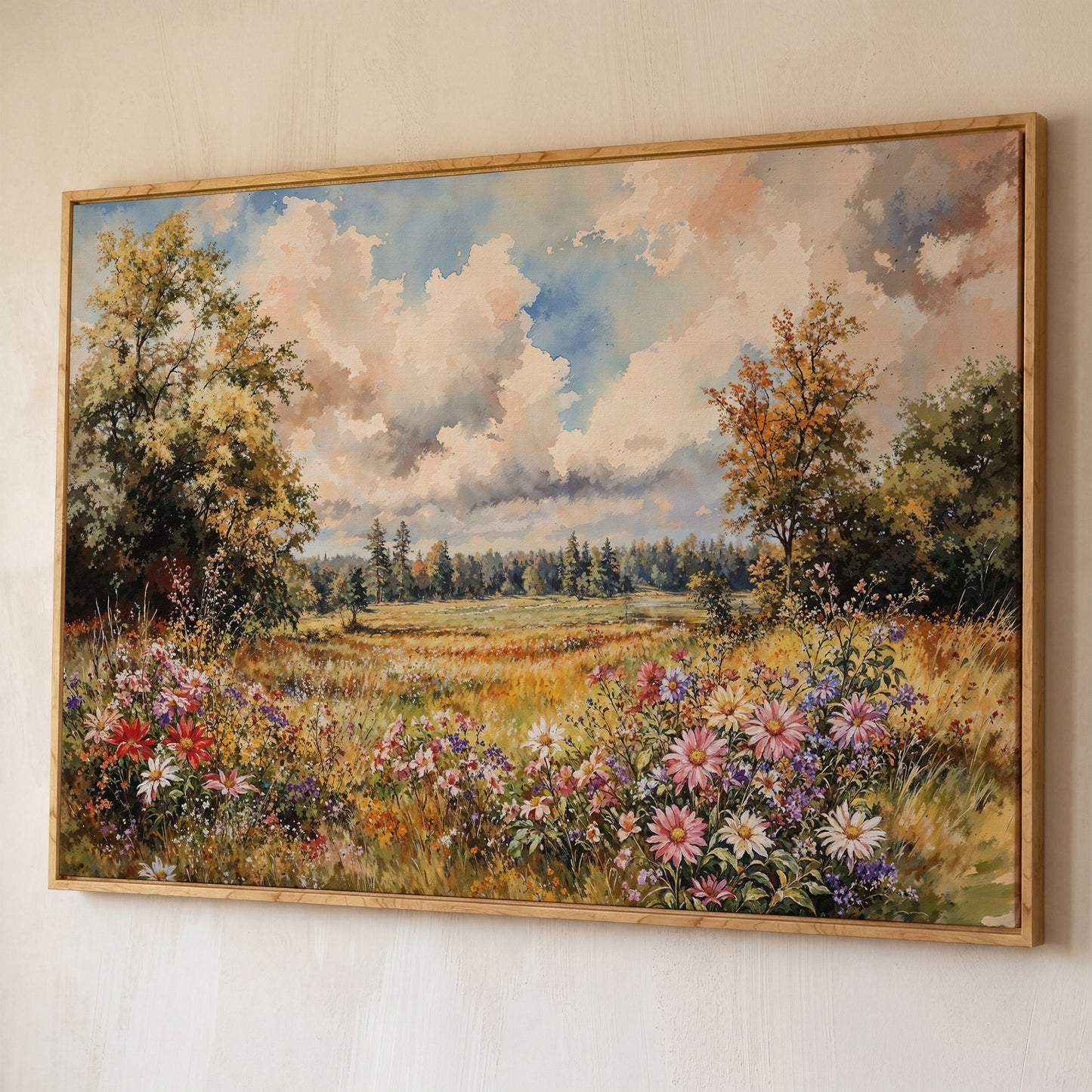 Colorful Summer Meadow Canvas Print shown in white oak floating frame