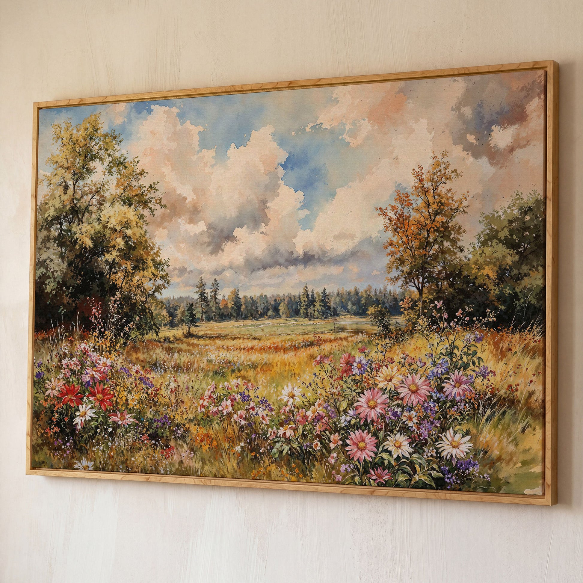 Colorful Summer Meadow Canvas Print shown in white oak floating frame