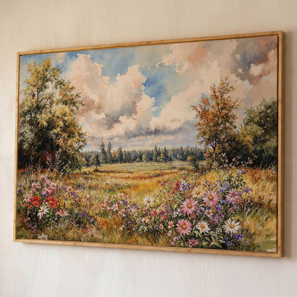 Colorful Summer Meadow Canvas Print shown in white oak floating frame