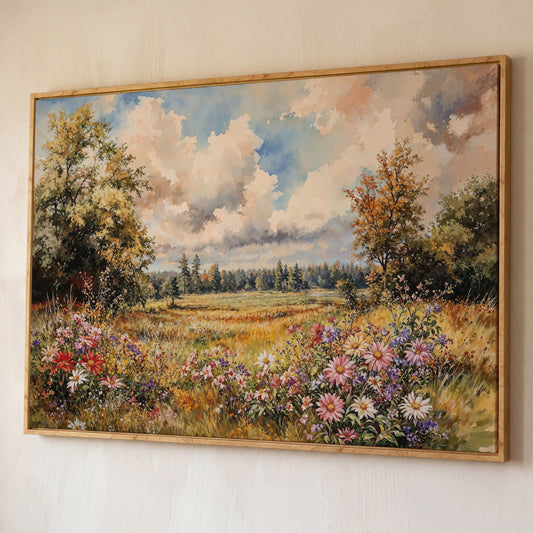 Colorful Summer Meadow Canvas Print shown in white oak floating frame
