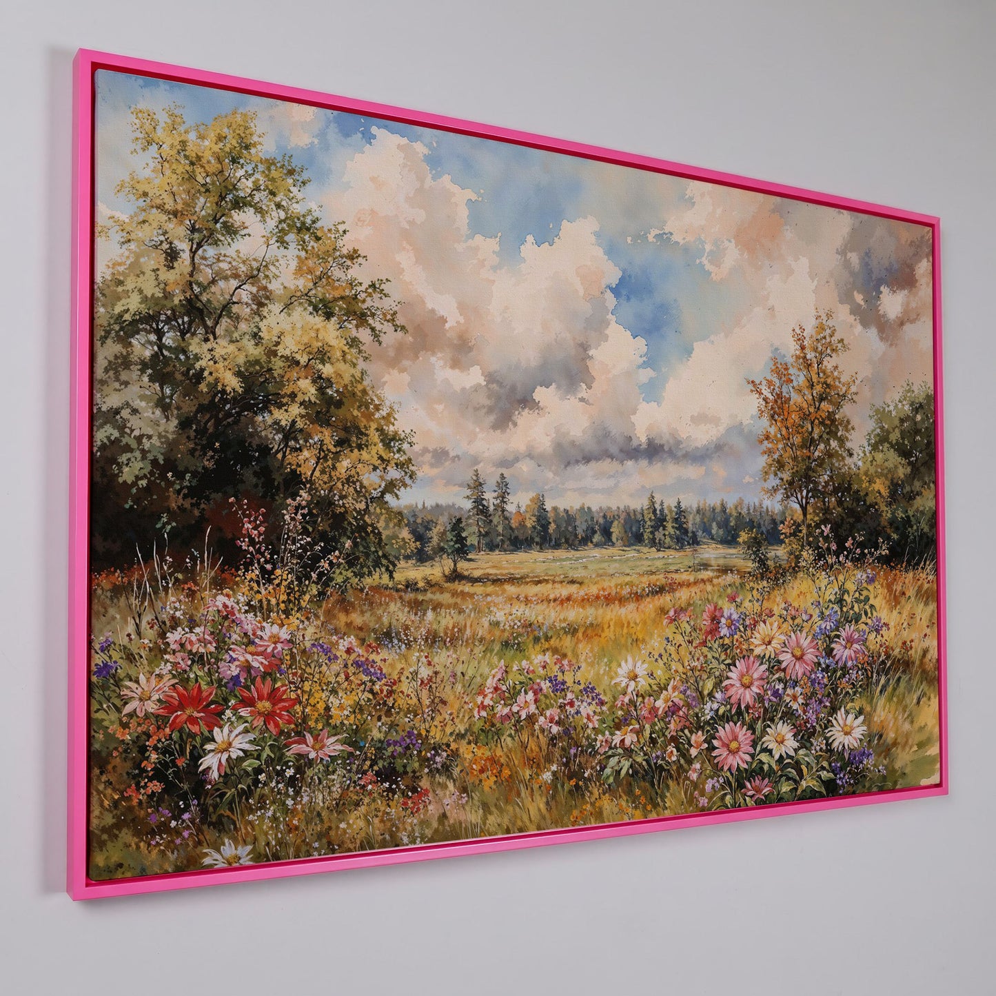 Colorful Summer Meadow Canvas Print in pink floating frame