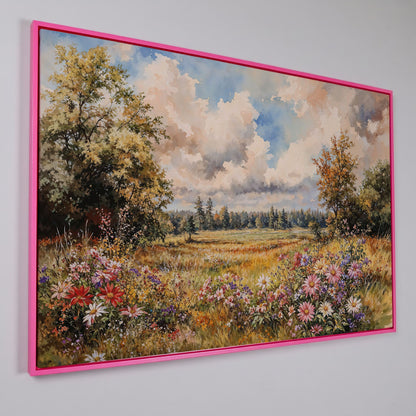 Colorful Summer Meadow Canvas Print in pink floating frame
