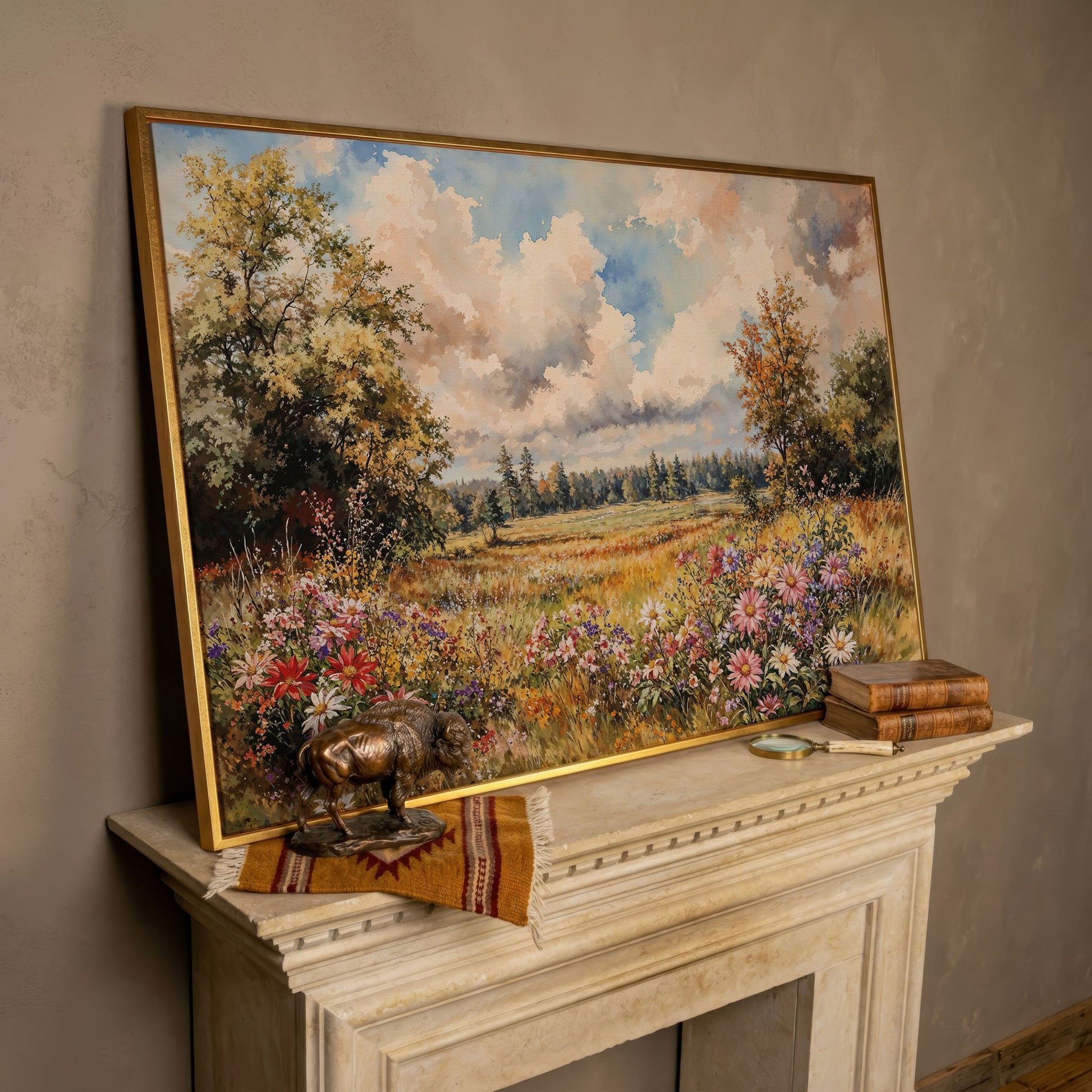 Colorful Summer Meadow Canvas Print in rose gold floating frame