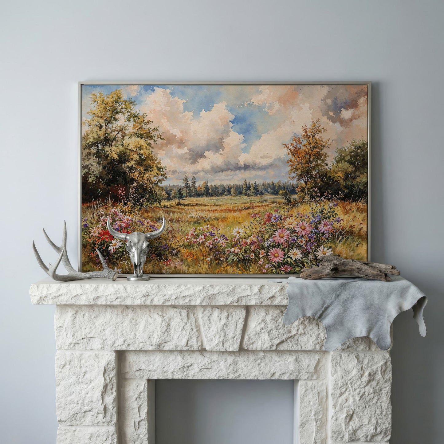 Colorful Summer Meadow Canvas Print in silver floating frame