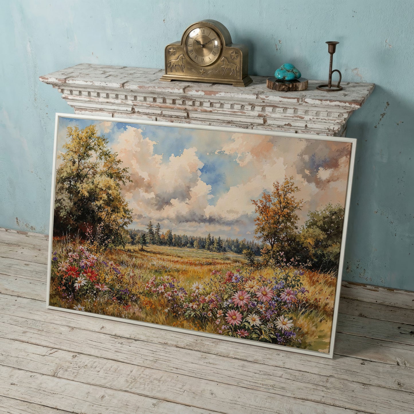 Colorful Summer Meadow Canvas Print in white floating frame