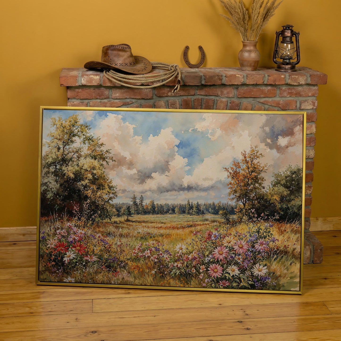 Colorful Summer Meadow Canvas Print in yellow gold floating frame