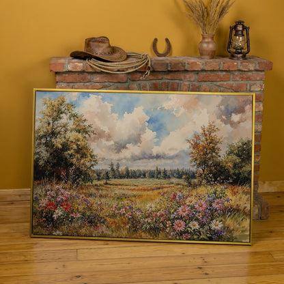 Colorful Summer Meadow Canvas Print in yellow gold floating frame