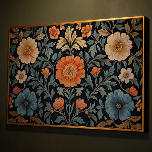 Vintage Floral Canvas with Teal and Sienna Blooms shown in antique gold floating frame