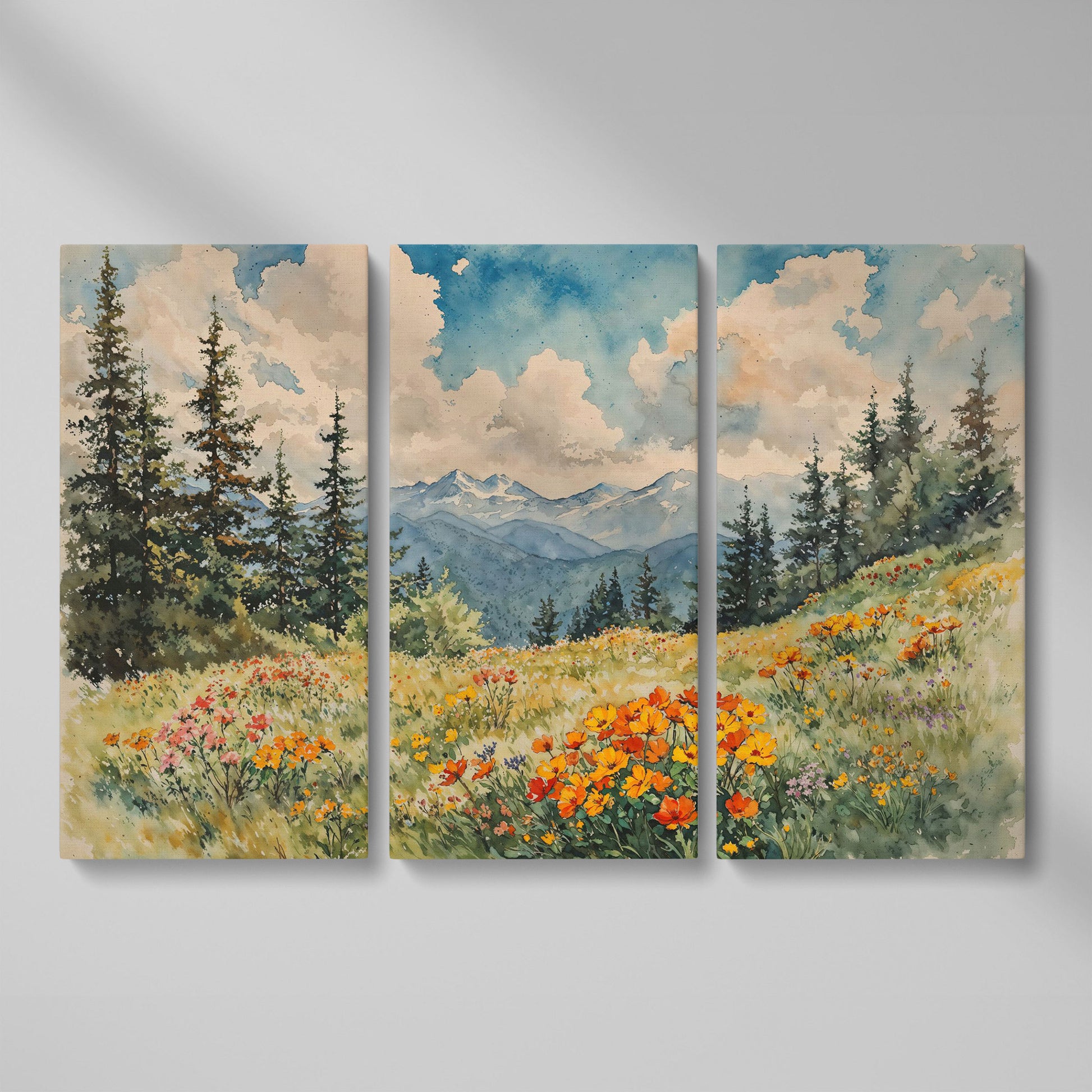 Mountain Meadow with Wildflowers Canvas Print as 3-panel split version