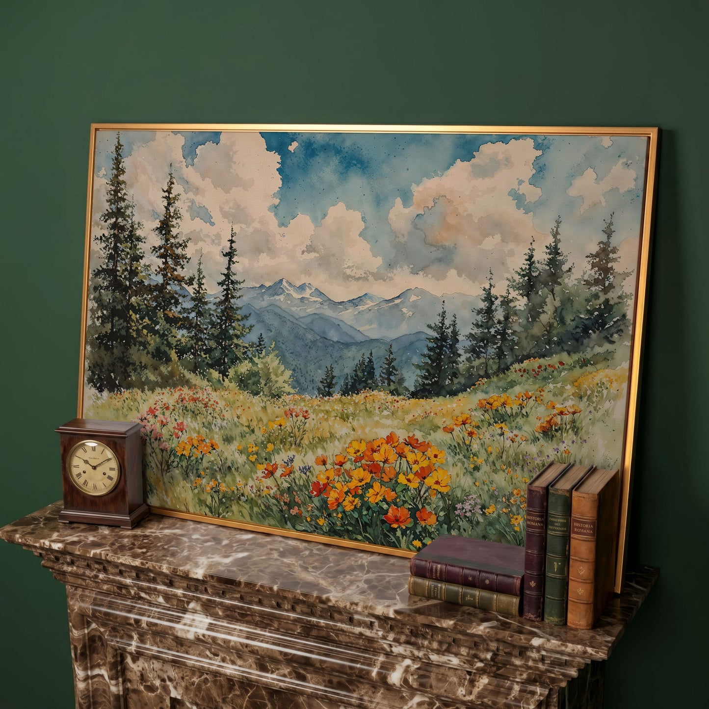 Mountain Meadow with Wildflowers Canvas Print in antique gold floating frame