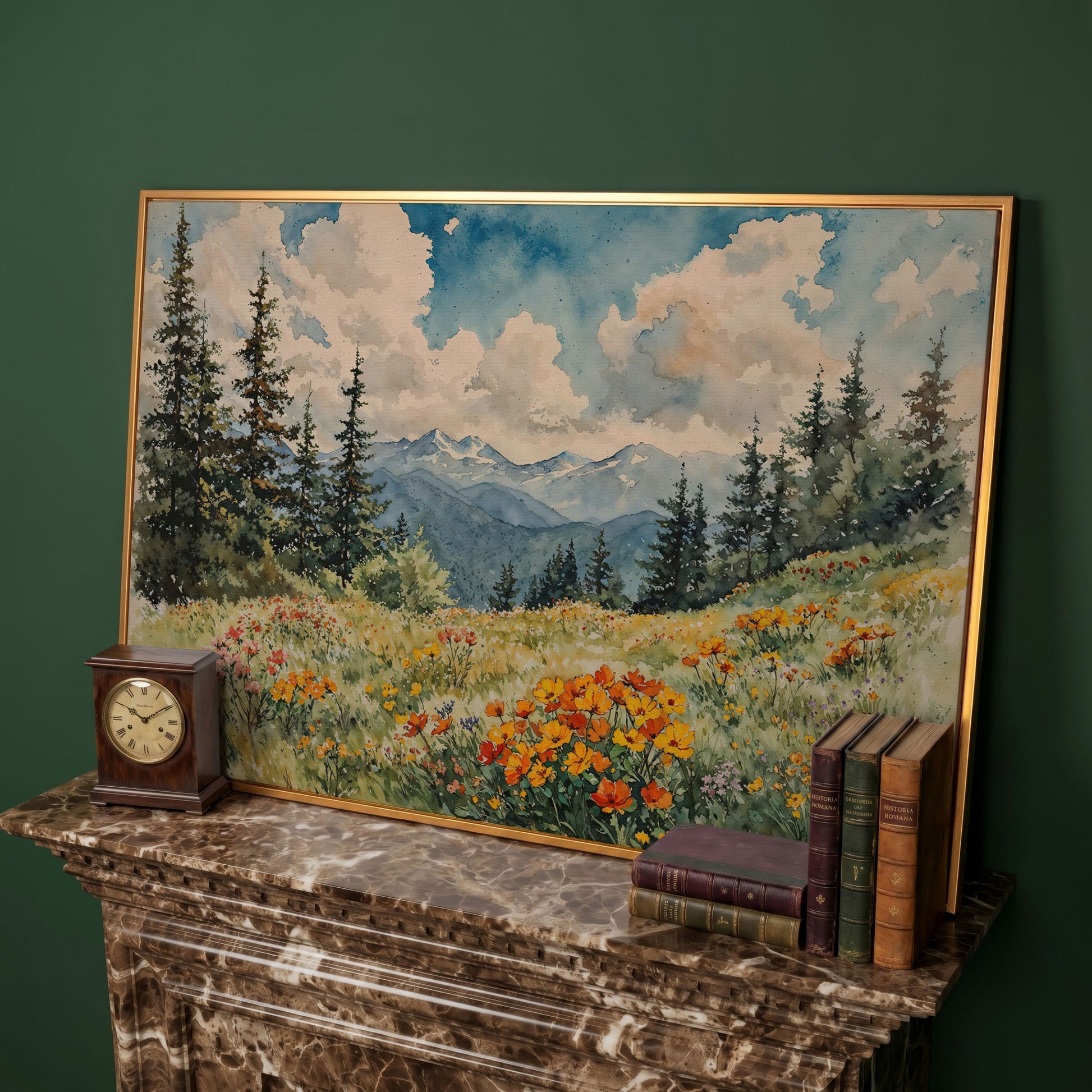 Mountain Meadow with Wildflowers Canvas Print in antique gold floating frame