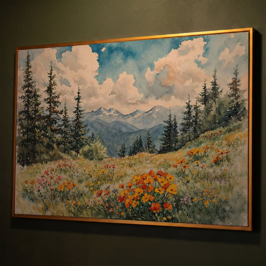 Mountain Meadow with Wildflowers Canvas Print shown in antique gold floating frame