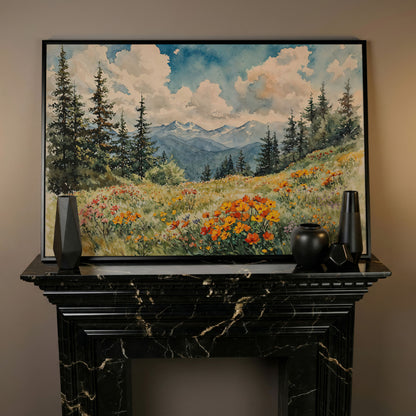 Mountain Meadow with Wildflowers Canvas Print in black floating frame