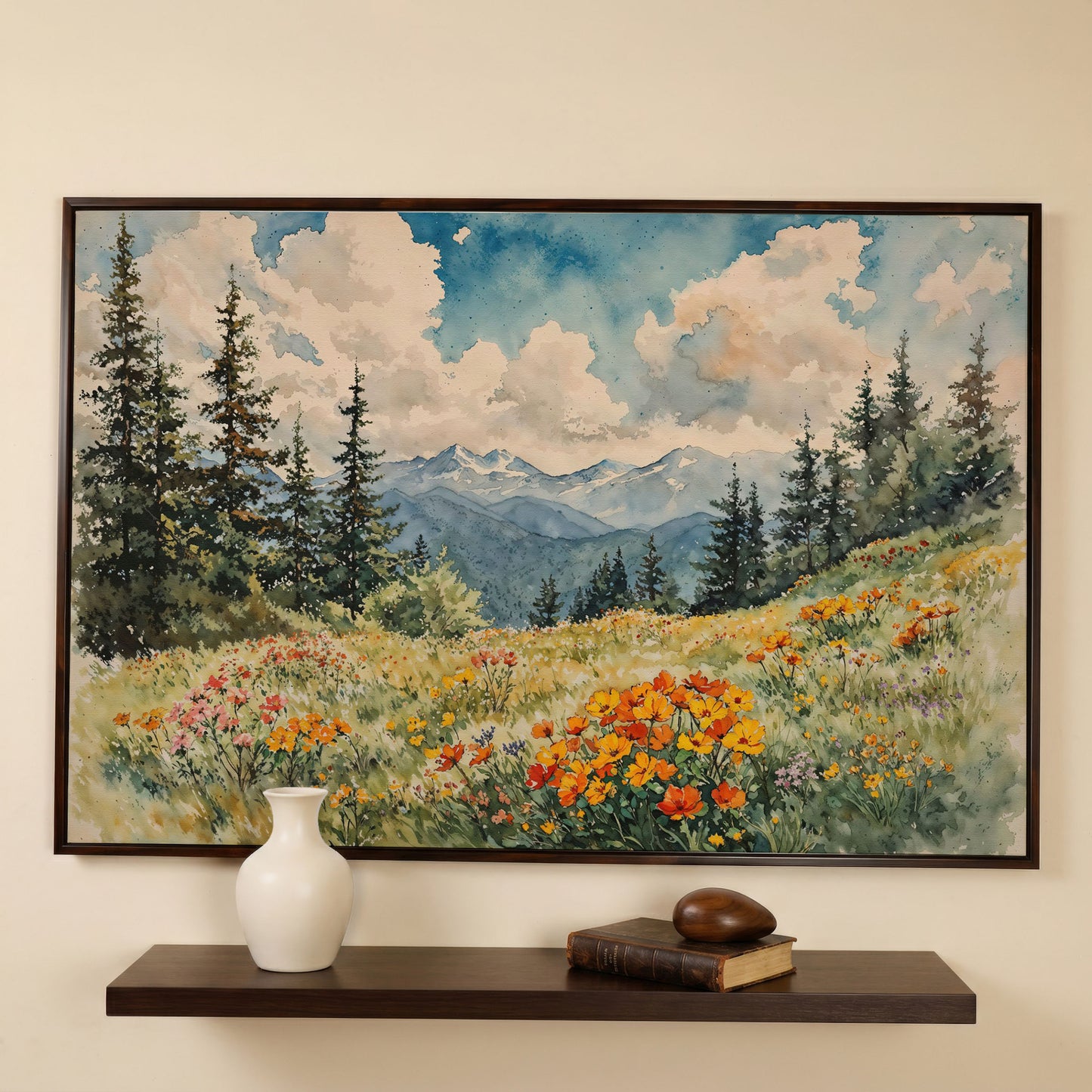 Mountain Meadow with Wildflowers Canvas Print in dark walnut floating frame