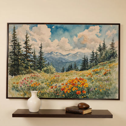 Mountain Meadow with Wildflowers Canvas Print in dark walnut floating frame