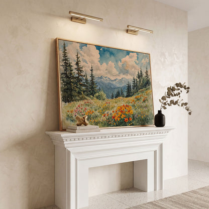 Mountain Meadow with Wildflowers Canvas Print in white oak floating frame