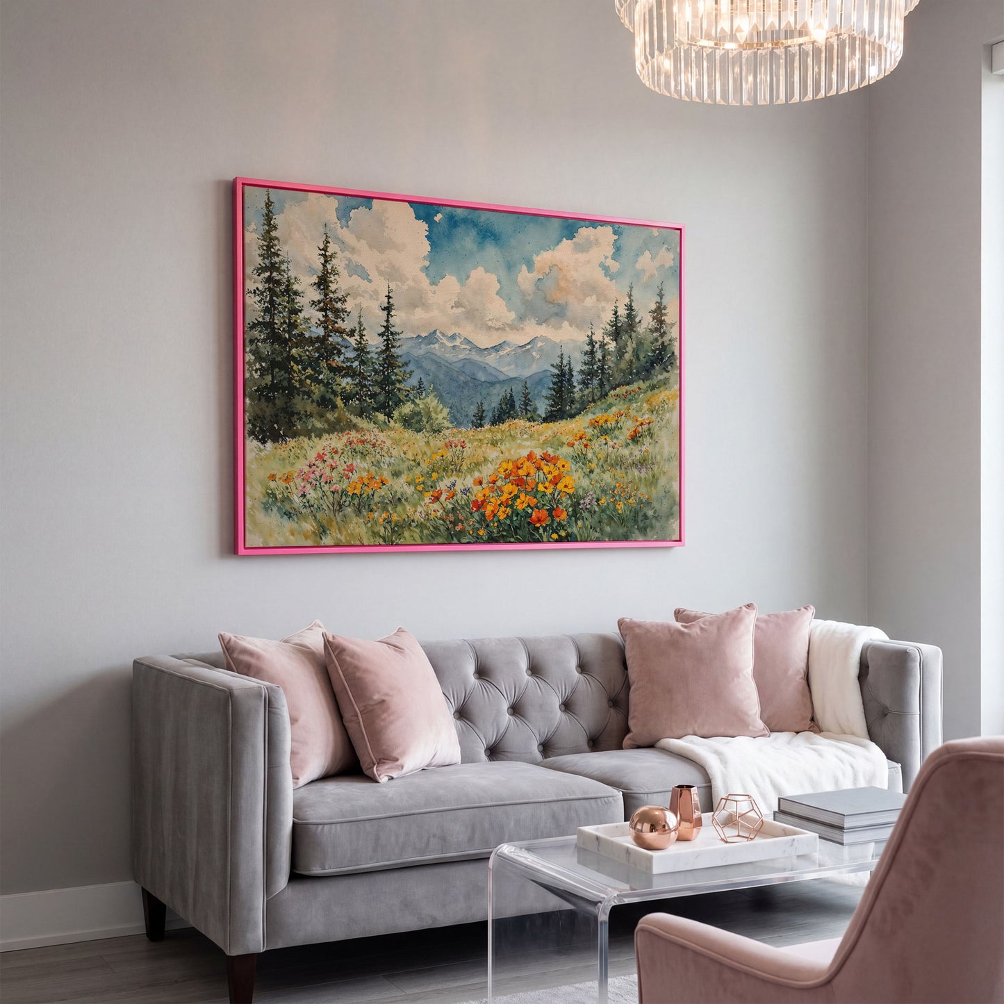 Mountain Meadow with Wildflowers Canvas Print in pink floating frame