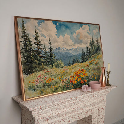 Mountain Meadow with Wildflowers Canvas Print in rose gold floating frame