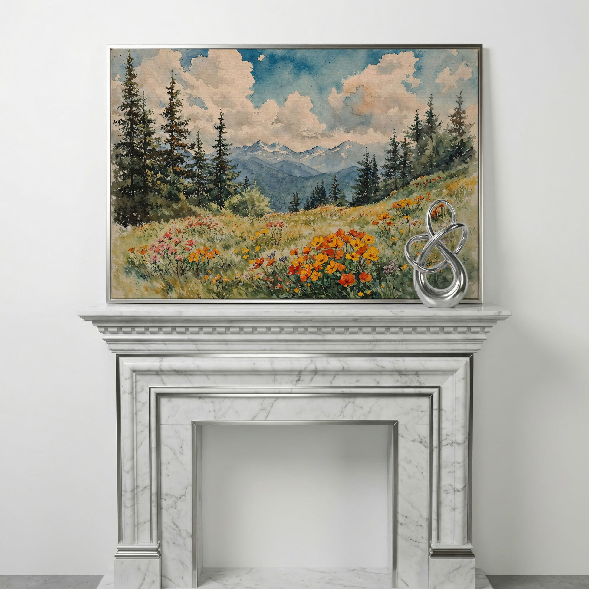 Mountain Meadow with Wildflowers Canvas Print in silver floating frame
