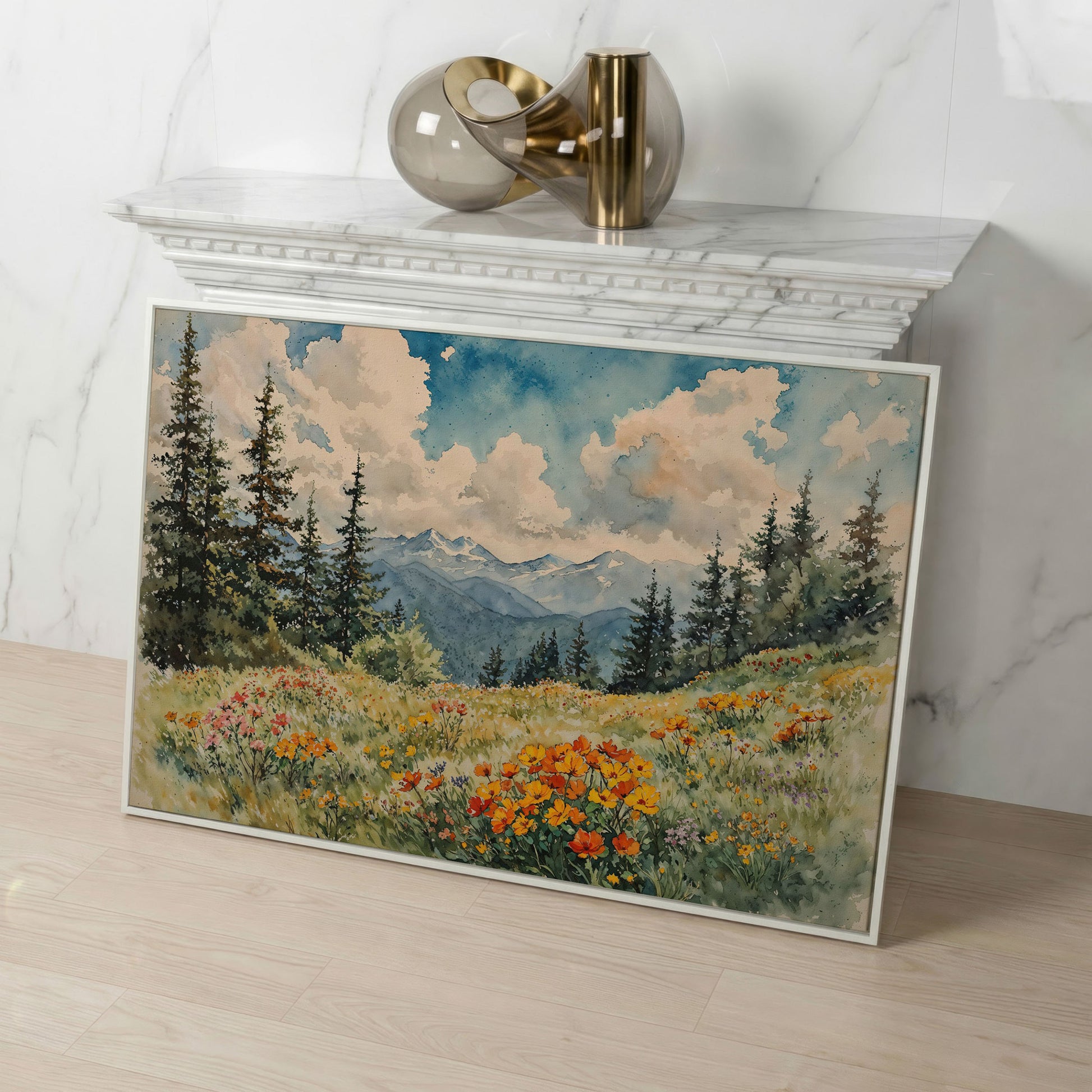 Mountain Meadow with Wildflowers Canvas Print in white floating frame