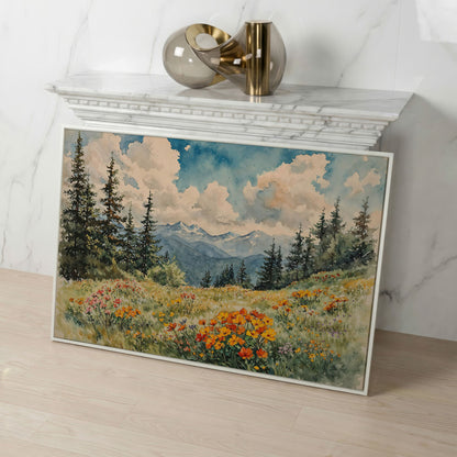 Mountain Meadow with Wildflowers Canvas Print in white floating frame