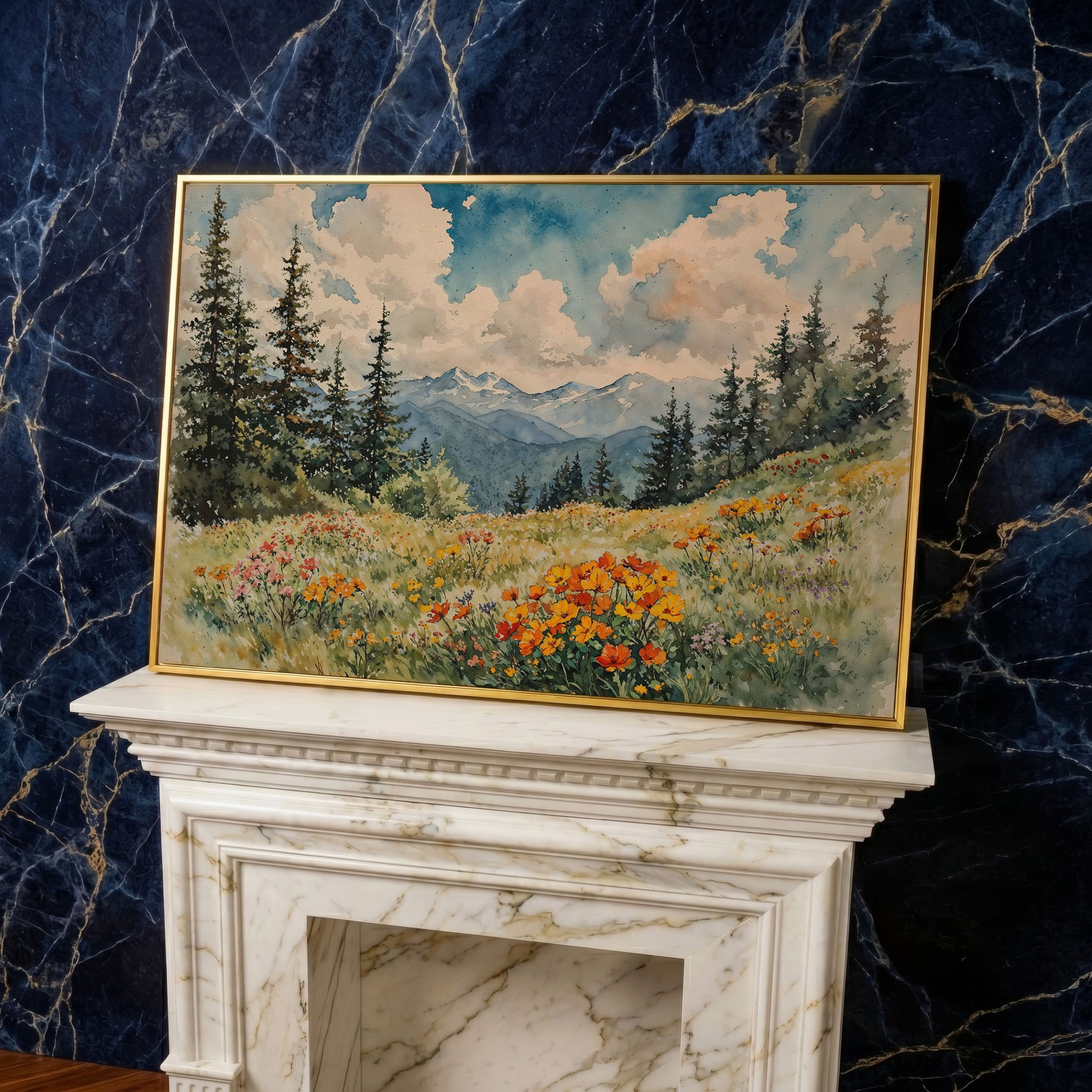 Mountain Meadow with Wildflowers Canvas Print in yellow gold floating frame