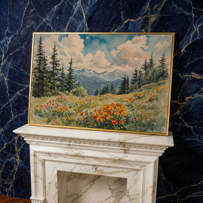 Mountain Meadow with Wildflowers Canvas Print in yellow gold floating frame
