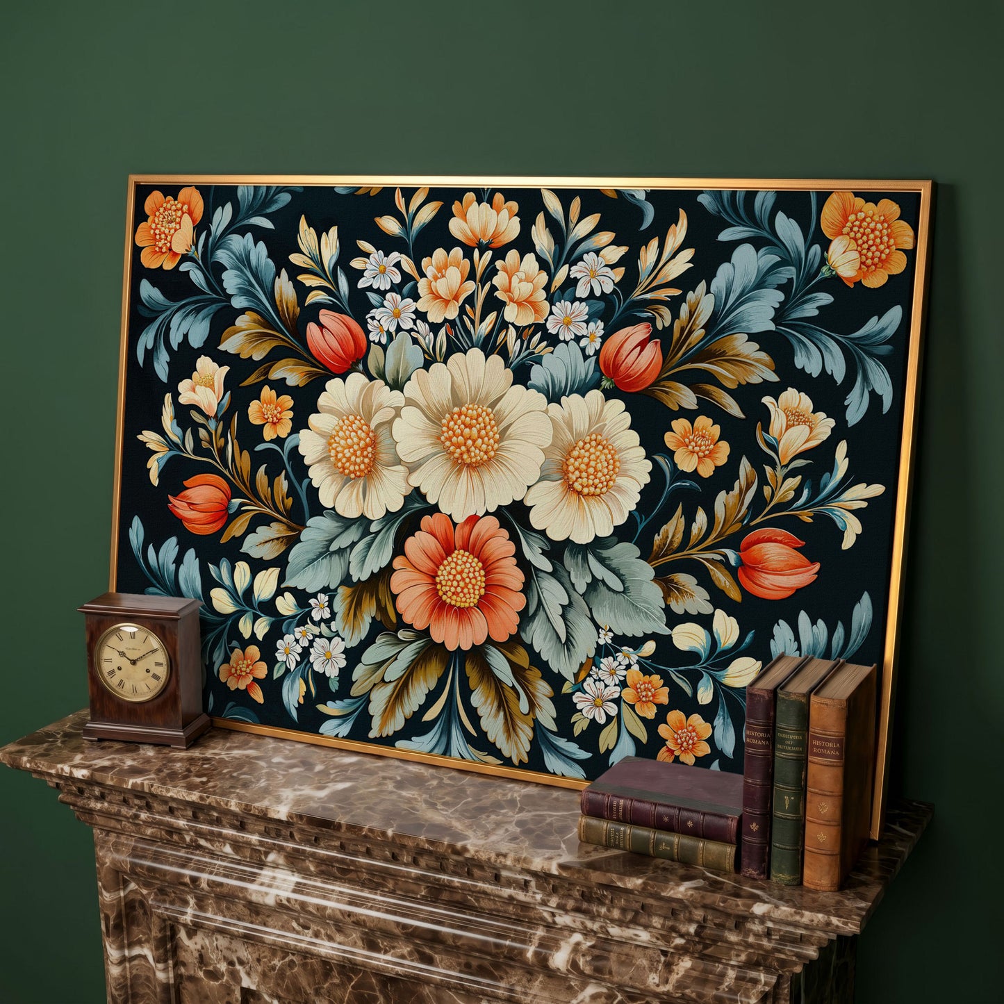 Vibrant Floral Bouquet Canvas Print in antique gold floating frame